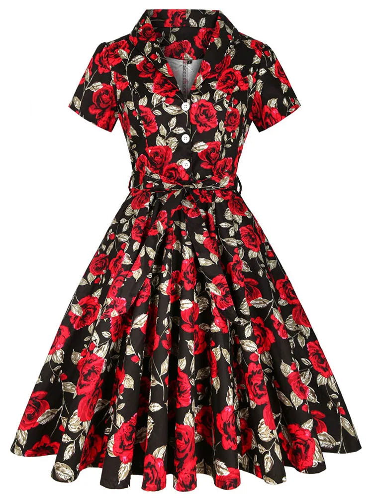 Robe année 60 fleur rouge