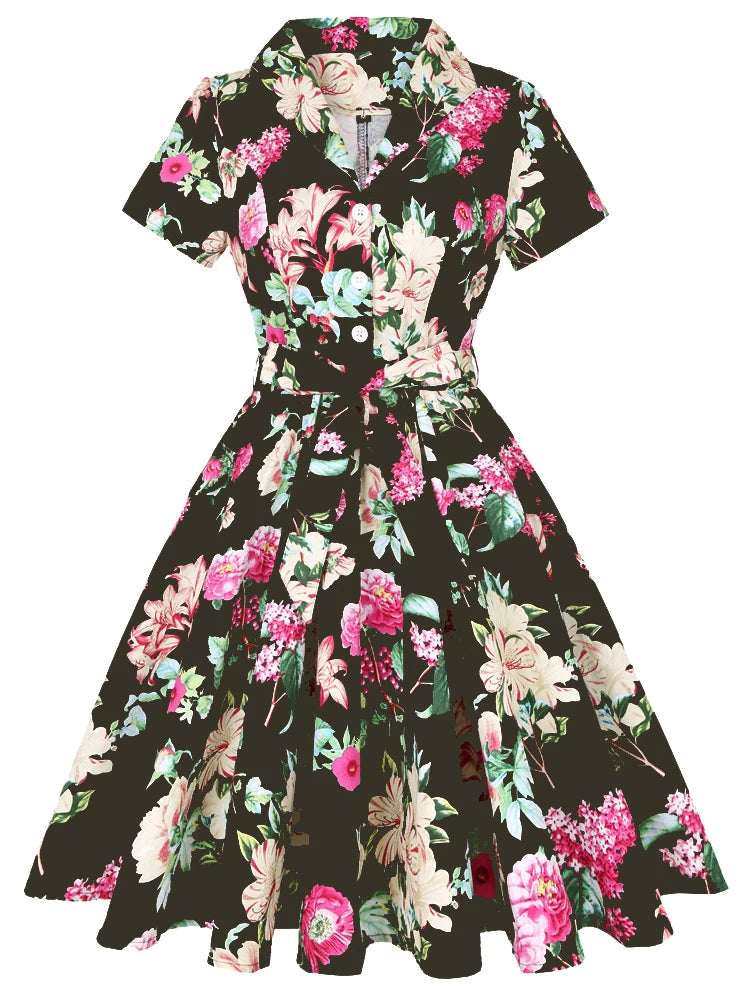Robe année 60 noir fleur