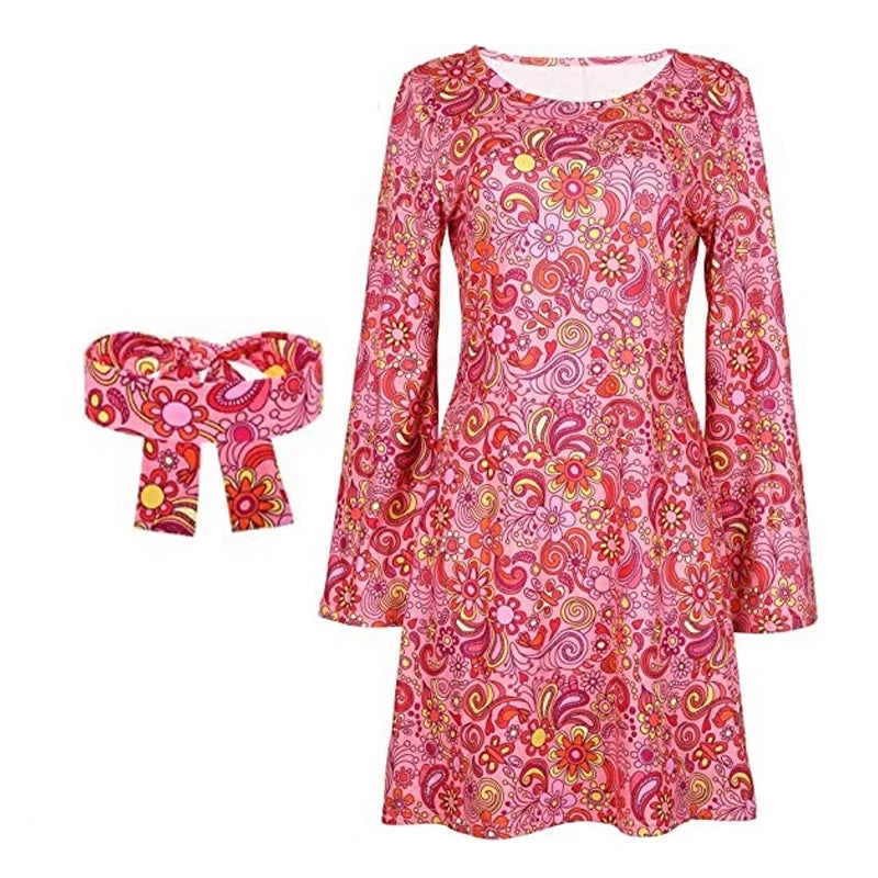 Robe hippie courte vintage rose ceinture