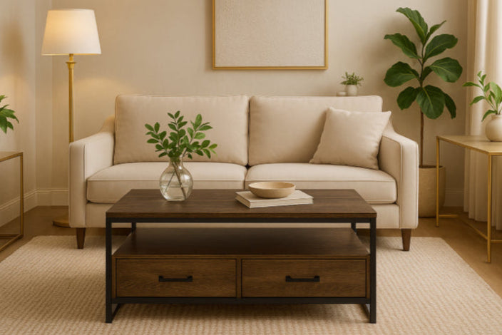 Table basse vintage industrielle salon beige