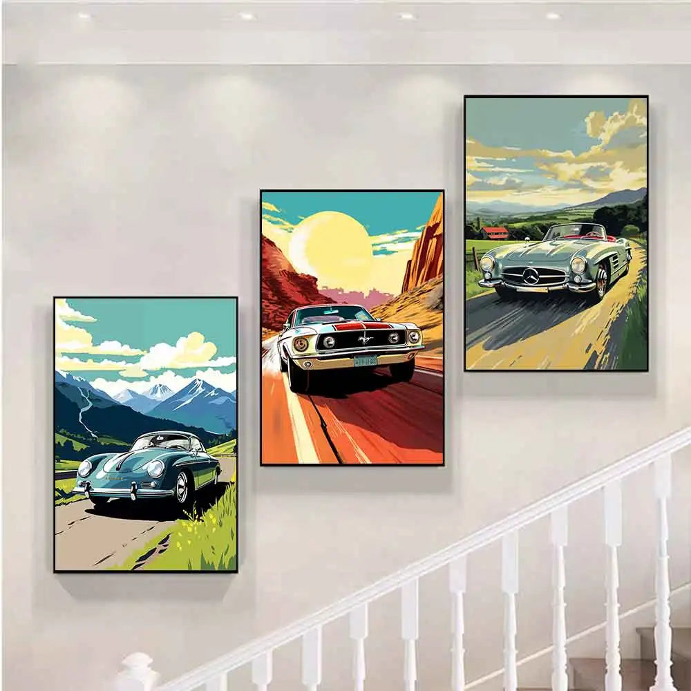 Tableau voiture vintage escalier