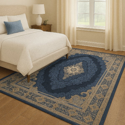 Tapis bleu vintage jeté