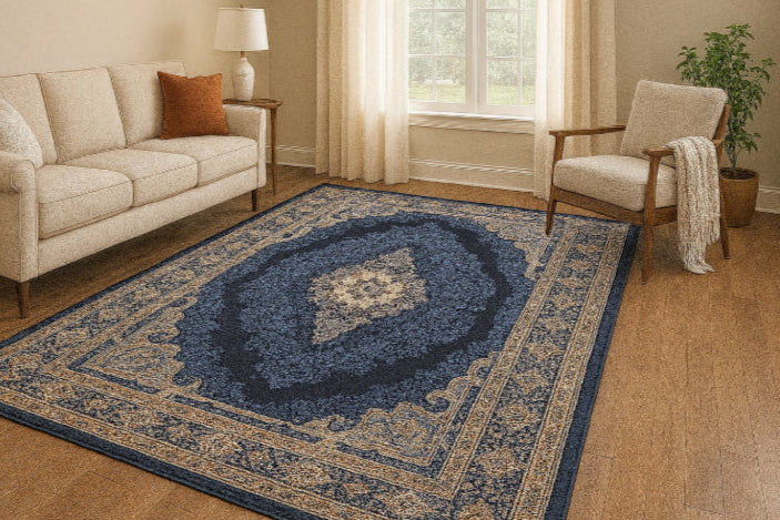 Tapis bleu vintage salon