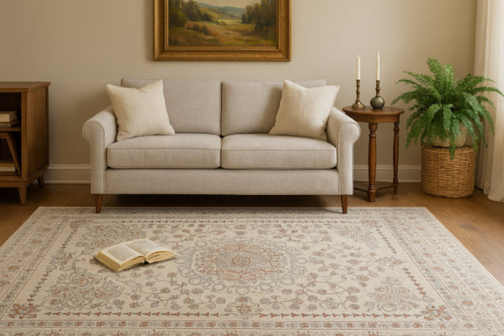 Tapis gris vintage salon plante