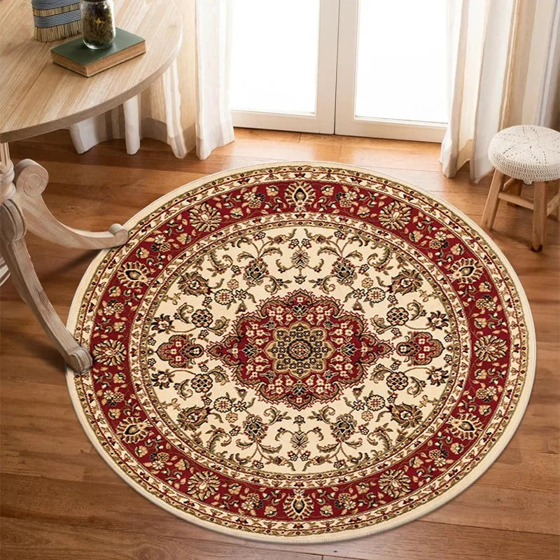 Tapis rond vintage doré rouge