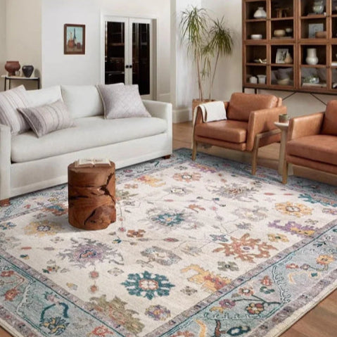 Tapis vintage année 70 bleu plante