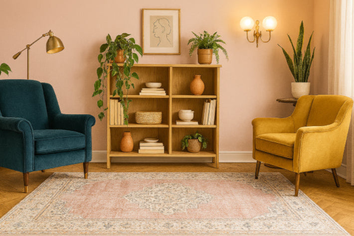 Tapis vintage année 70 rose fauteuil