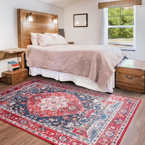 Tapis vintage orientale lit bois