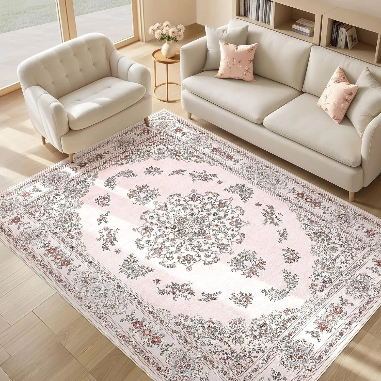 Tapis vintage rose salon blanc