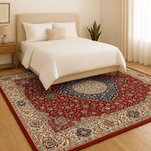 Tapis vintage rouge bleu lit