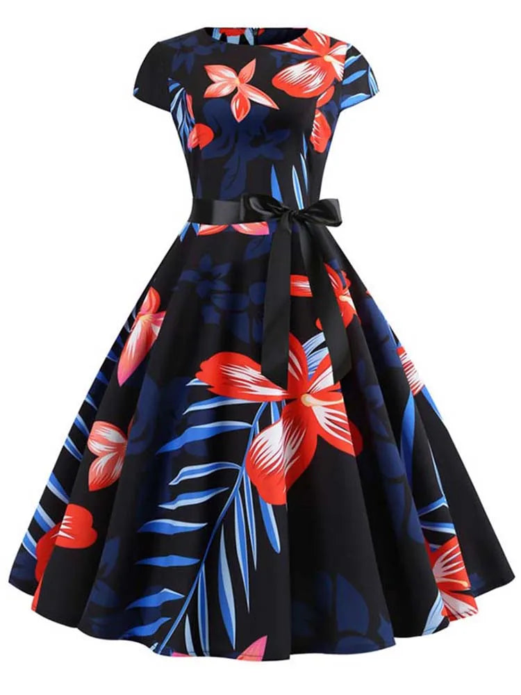 robe année 60 vintage bleu fleur rouge