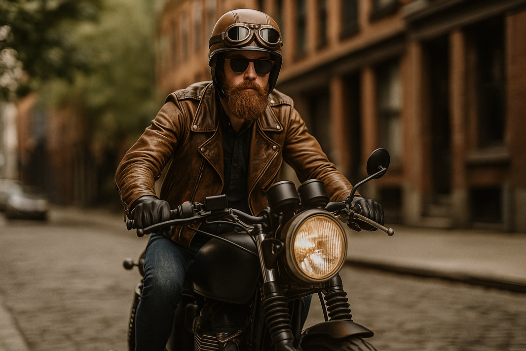 homme de style vintage sur une moto d"époque, portant des lunettes et un casque moto vintage.