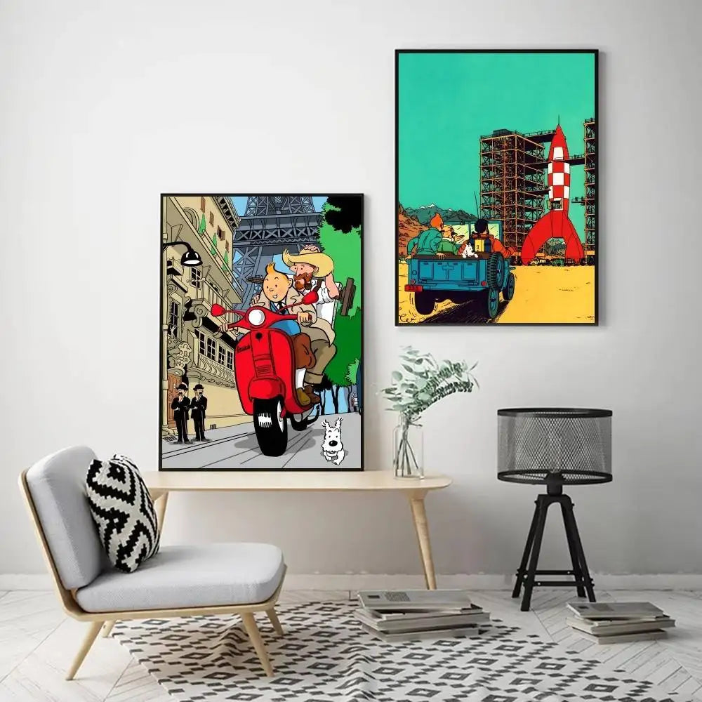 Affiche vintage auto adhésif Tintin  chaise 
