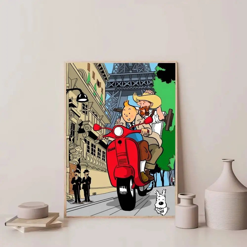 Affiche vintage auto adhésif Tintin  moto 