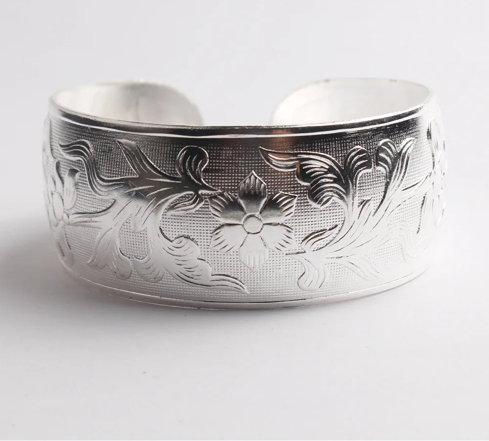 Bracelet manchette tibétain vintage  fleur argent 