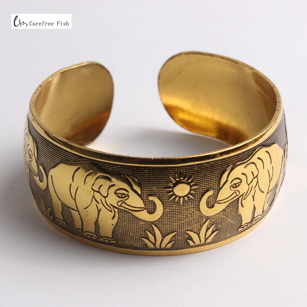 Bracelet manchette tibétain vintage  motif éléphant or 