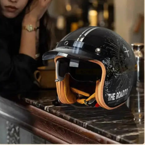 Casque café racer vintage noir fille