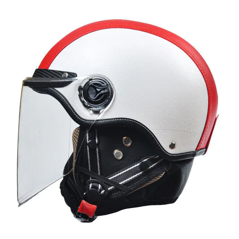 Casque jet vintage blanc bande rouge visière transparent