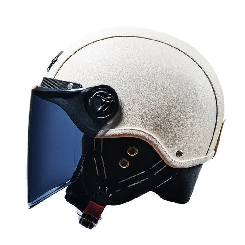 Casque jet vintage cuir blanc rétro