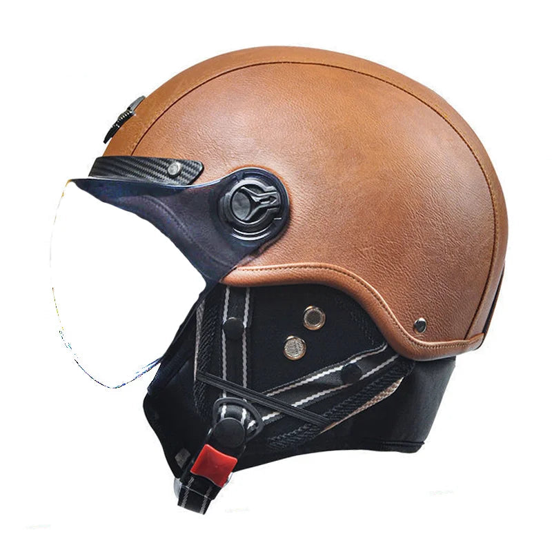 Casque jet vintage cuir marron visière ronde