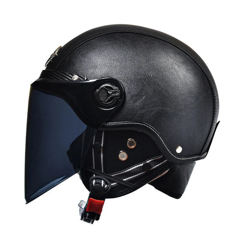 Casque jet vintage cuir noir visière noir