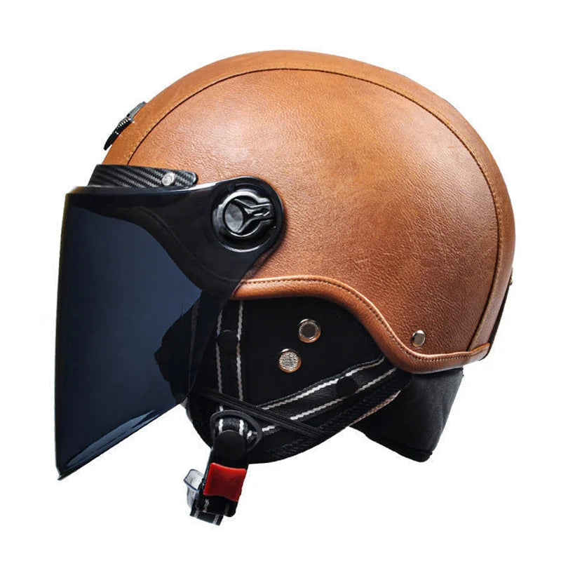 Casque jet vintage marron visière noir
