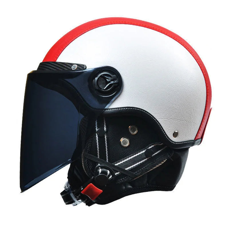 Casque jet vintage visère noir cuir blanc