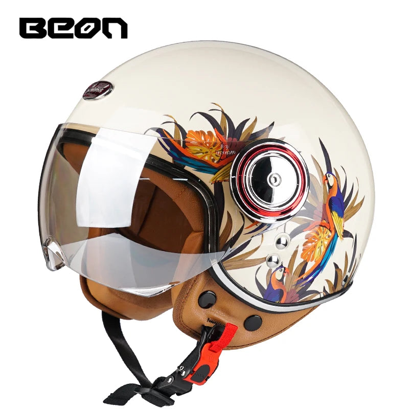 Casque moto Beon vintage blanc cassé dessin 