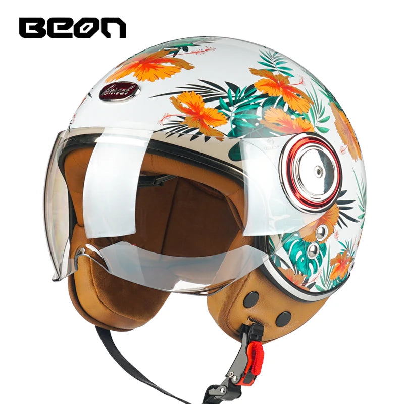 Casque moto Beon vintage dessin feuilles 