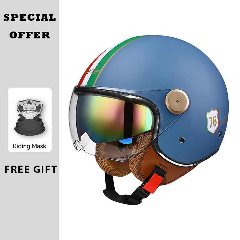 Casque moto jet vintage bleu