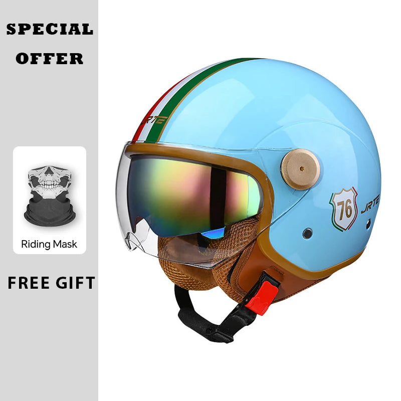 Casque moto jet vintage bleu vert