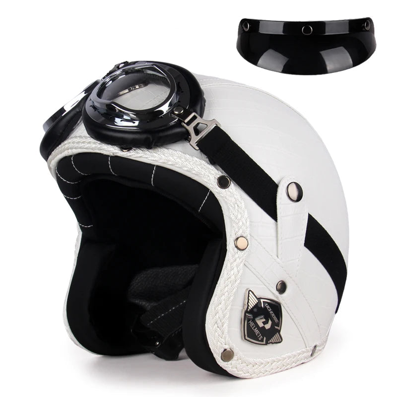 Casque moto rétro avec lunettes blanc