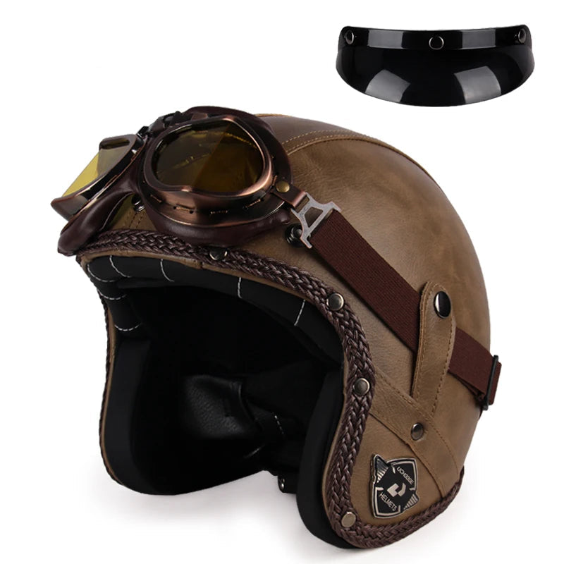 Casque moto rétro avec lunettes café