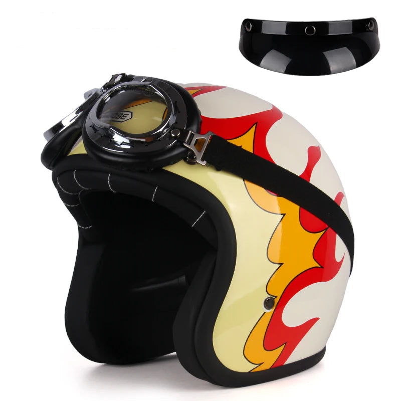 Casque moto rétro avec lunettes flamme