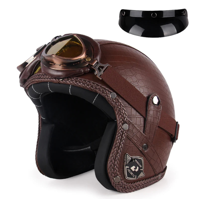 Casque moto rétro avec lunettes marron