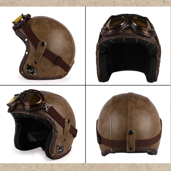 Casque moto rétro avec lunettes modèles marron
