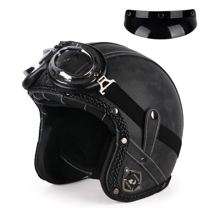 Casque moto rétro avec lunettes noir