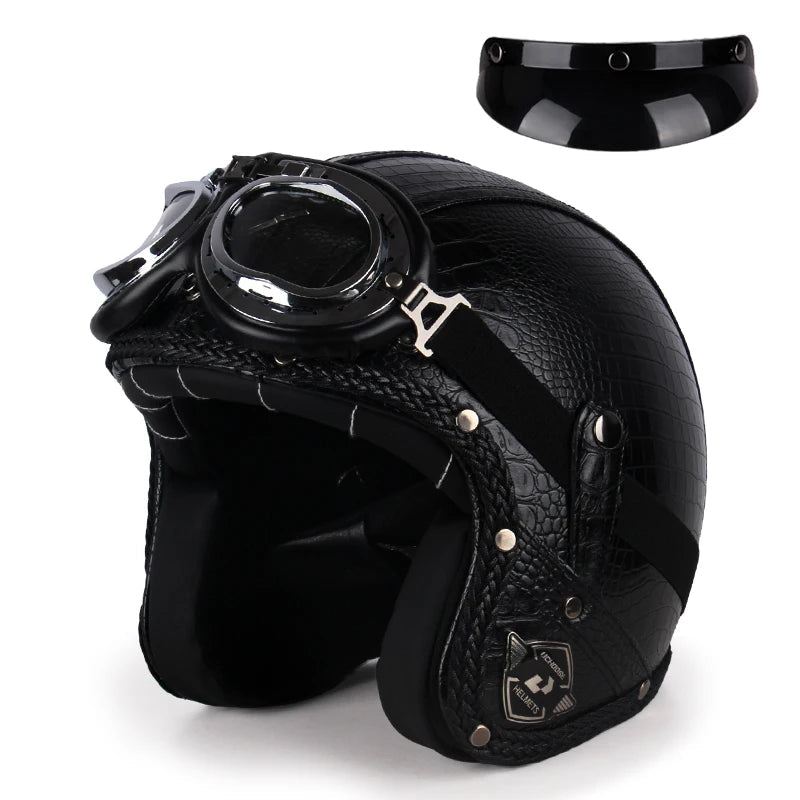 Casque moto rétro avec lunettes noir peau