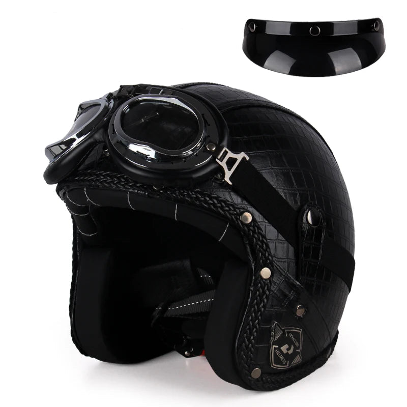 Casque moto rétro avec lunettes peau noir