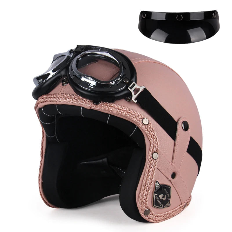 Casque moto rétro avec lunettes rose