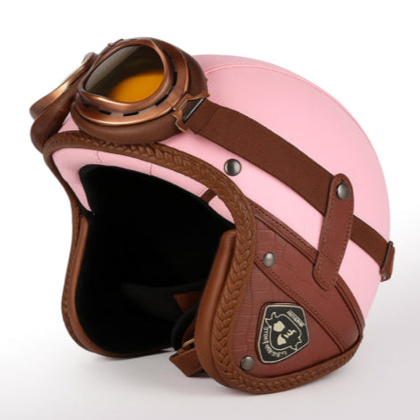 Casque moto rétro avec lunettes rose et marron