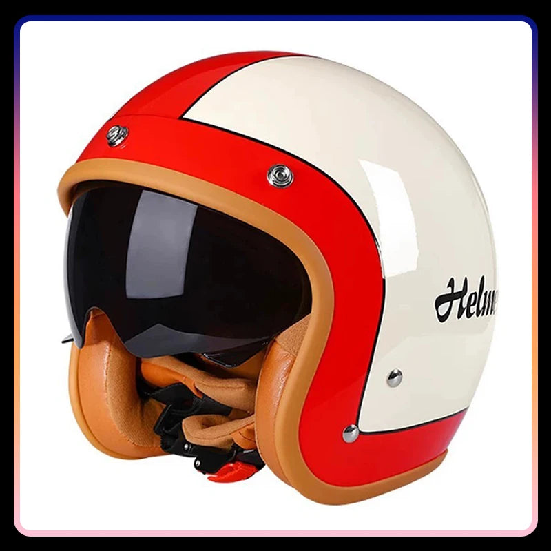 Casque moto rétro blanc rouge 