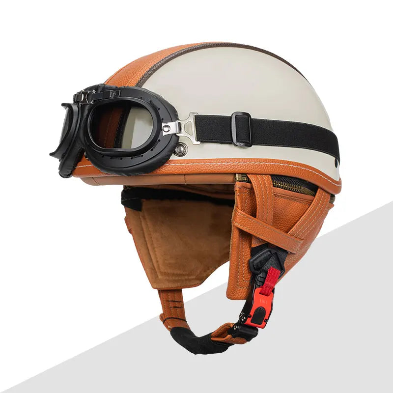 Casque moto vintage army avec lunette 360 range blanc cassé