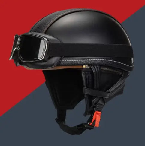 Casque moto vintage army avec lunette fond rouge