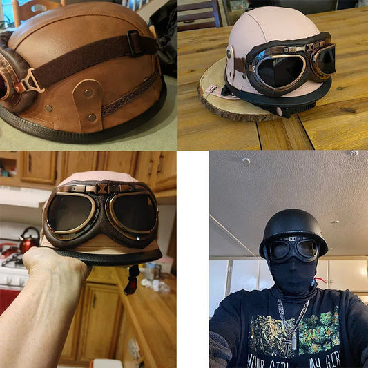 Casque moto vintage army avec lunettes