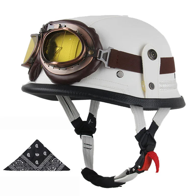 Casque moto vintage army avec lunettes blanc