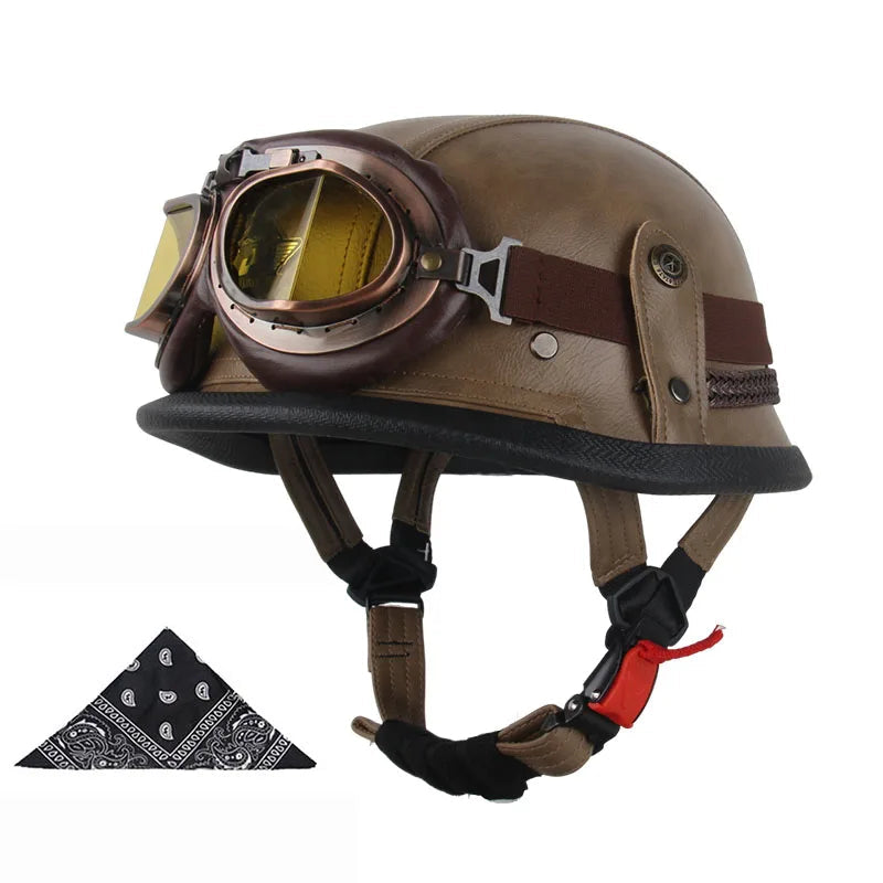 Casque moto vintage army avec lunettes kaki