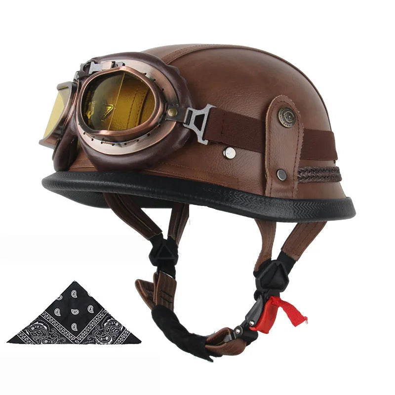 Casque moto vintage army avec lunettes marron