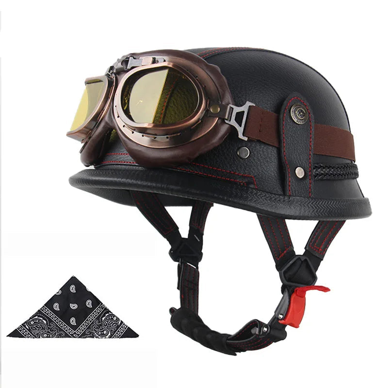Casque moto vintage army avec lunettes noir