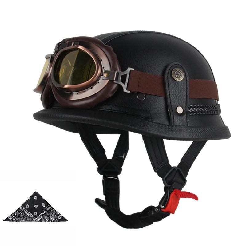 Casque moto vintage army avec lunettes noir marron
